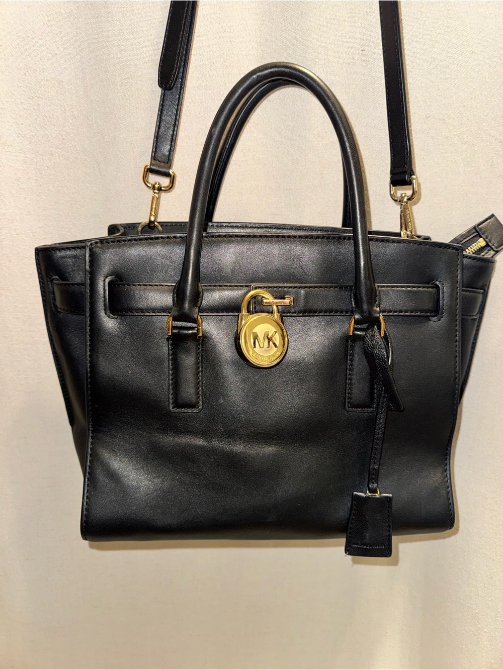 Michael Kors Hamilton Traveler Black Leather Satchel Gold